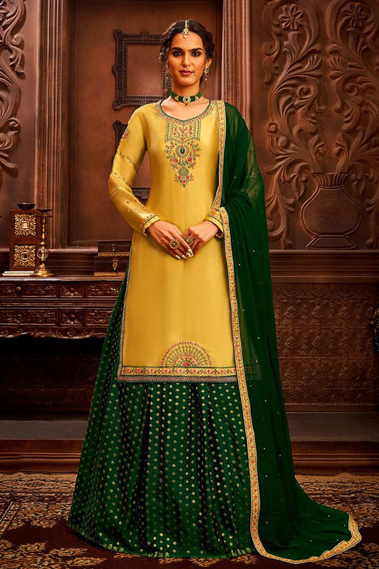 Dark Green Color Function Wear Embroidered Work Aristocratic Sharara Top Lehenga In Jacquard Fabric
