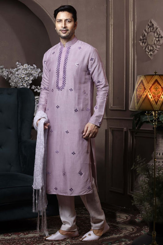 Lavender Color Silk Fabric Reception Wear Stylish Readymade Kurta Pyjama For Men