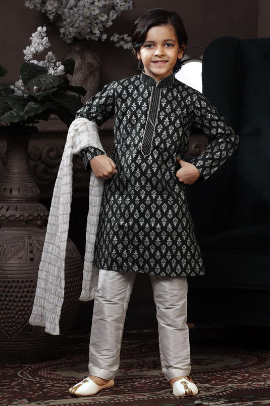 Black Color Cotton Fabric Printed Wedding Wear Readymade Boys Kurta Pyjama