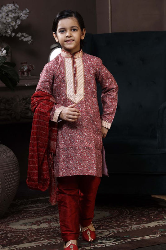 Maroon Color Cotton Fabric Printed Sangeet Wear Readymade Boys Kurta Pyjama