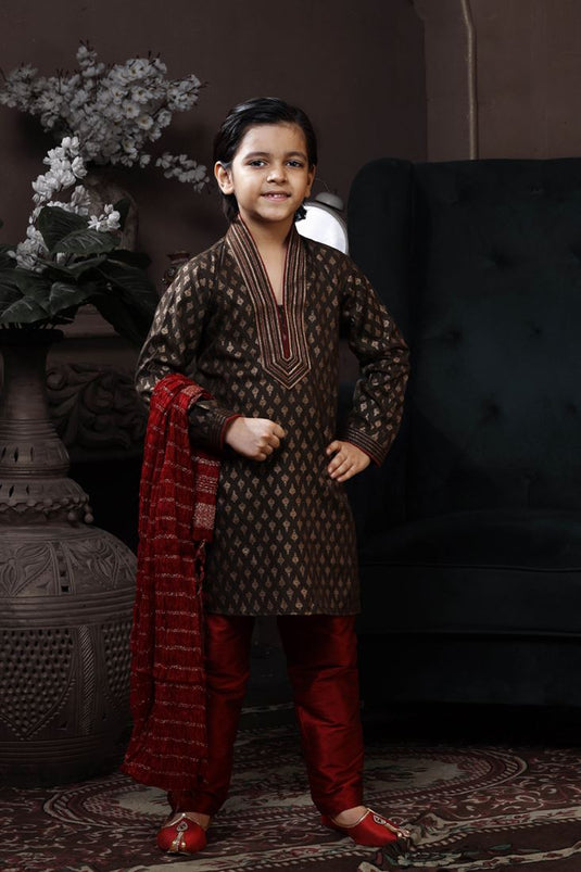 Brown Color Cotton Fabric Printed Reception Wear Readymade Boys Kurta Pyjama
