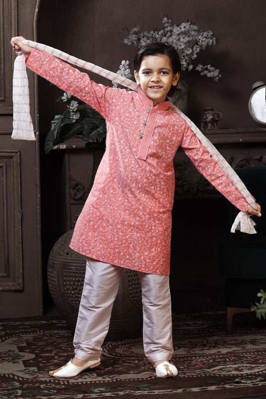 Pink Color Cotton Fabric Printed Sangeet Wear Readymade Boys Kurta Pyjama