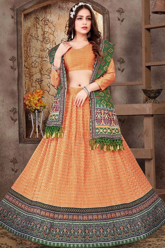 Readymade Satin Silk Fabric Beige Color Excellent Printed Lehenga