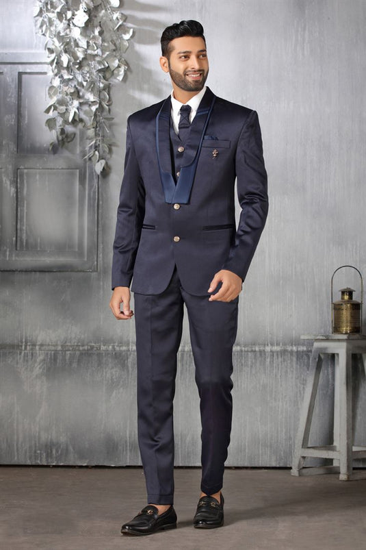 Splendiferous Satin Fabric Navy Blue Color Coat Suit