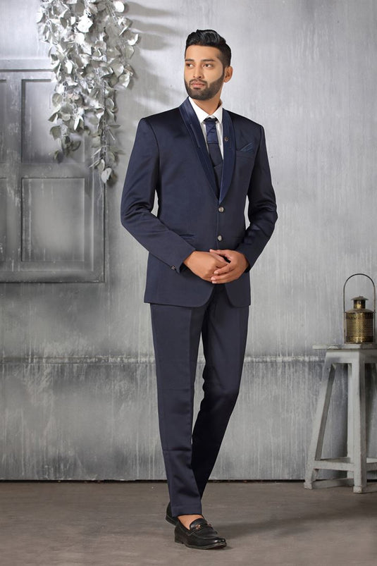 Intriguing Navy Blue Color Coat Suit In Satin Fabric