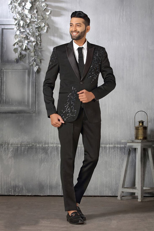 Engaging Black Color Satin Fabric Coat Suit