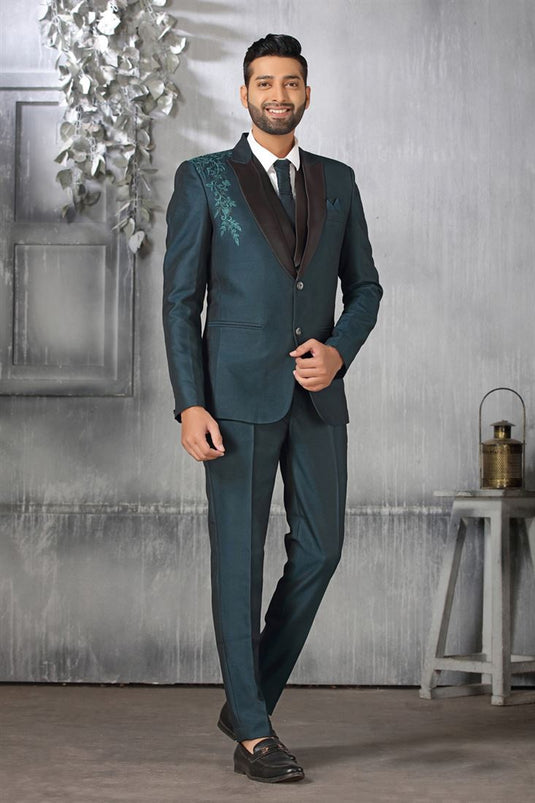 Extravagant Teal Color Rayon Fabric Party Look Coat Suit