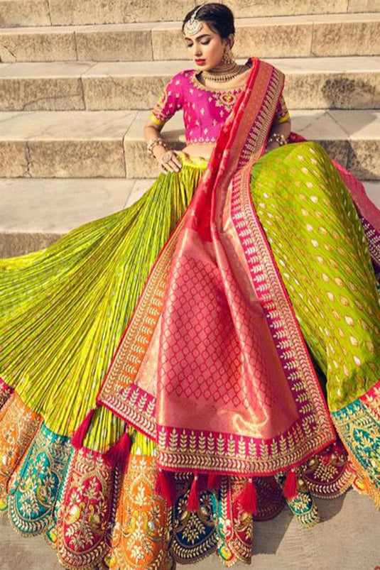 Green Color Wedding Wear Banarasi Silk Fabric Splendid Lehenga