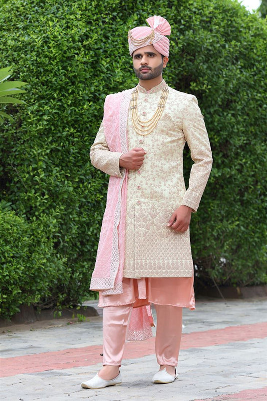 Beige Magnificent Readymade Men Groom Sherwani For Wedding Wear