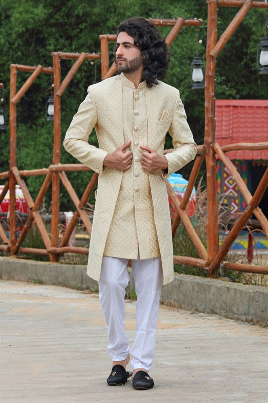 Cream Silk Fabric Readymade Men Groom Sherwani For Wedding Wear