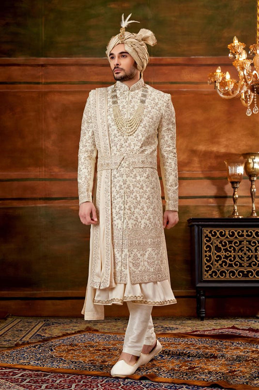 Beautiful Silk Fabric Wedding Wear Heavy Embroidered Groom Sherwani For Men In Beige Color With Stole