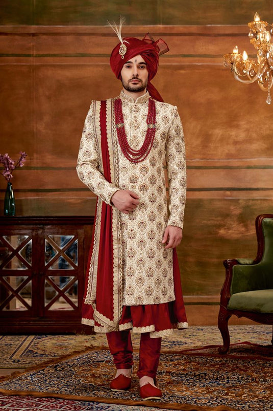 Fancy Beige Color Wedding Wear Readymade Designer Men Heavy Embroidered Groom Sherwani With Stole