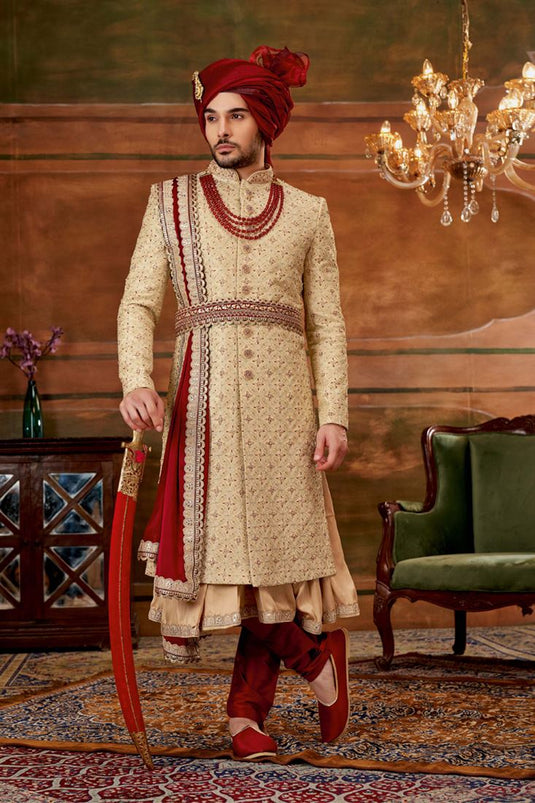 Golden Color Wedding Wear Readymade Silk Fabric Heavy Embroidered Groom Sherwani For Men With Stole