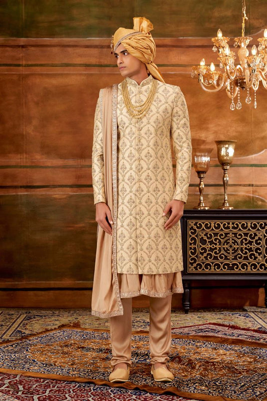 Golden Color Silk Fabric Wedding Wear Striking Heavy Embroidered Groom Sherwani For Men With Stole
