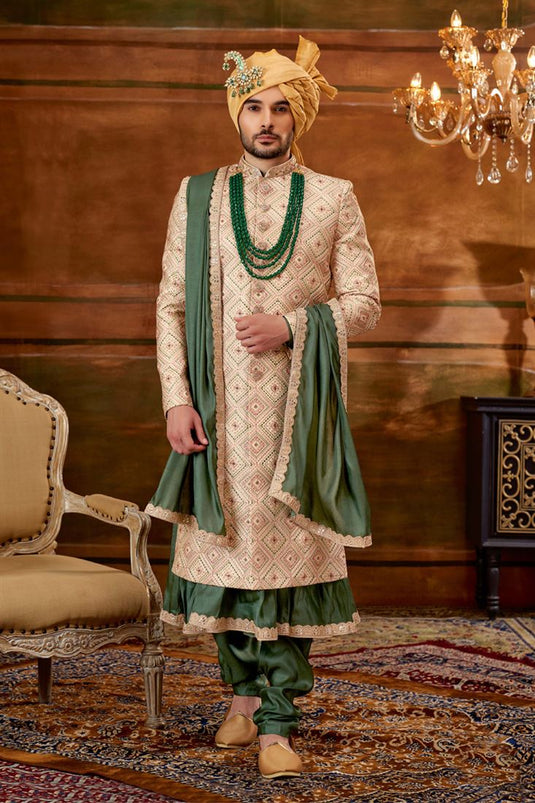 Wedding Wear Attractive Heavy Embroidered Groom Sherwani For Men In Cream Color Silk Fabric With Stole