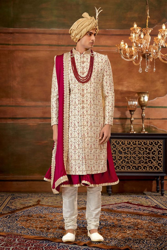 Silk Beige Magnificent Readymade Men Heavy Embroidered Groom Sherwani For Wedding Wear With Stole