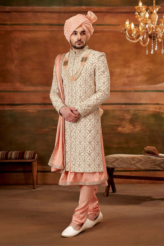 Wedding Wear Readymade Heavy Embroidered Groom Sherwani For Men In Silk Beige Color With Stole