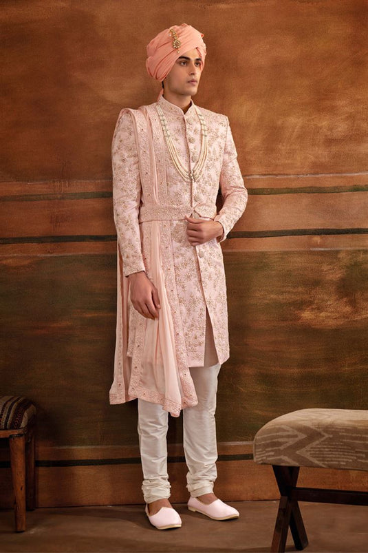 Fetching Pink Silk Fabric Wedding Wear Heavy Embroidered Groom Sherwani For Men With Stole