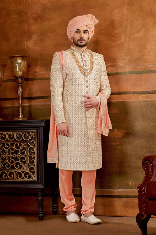 Cream Color Wedding Wear Pretty Heavy Embroidered Groom Sherwani For Men In Silk Fabric With Stole