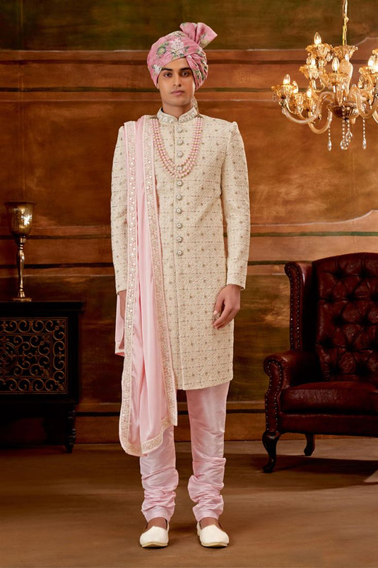 Cream Color Silk Fabric Wedding Wear Readymade Heavy Embroidered Groom Sherwani For Men With Stole