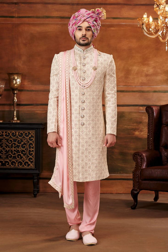 Cream Georgette Fabric Wedding Wear Trendy Readymade Heavy Embroidered Groom Sherwani For Men With Stole