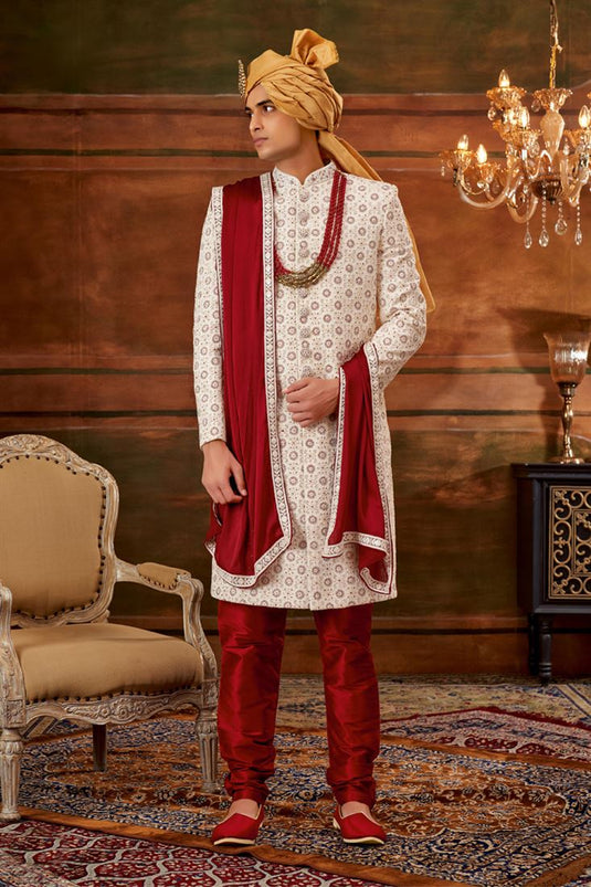 Georgette Off White Color Wedding Wear Readymade Designer Men Heavy Embroidered Groom Sherwani With Stole