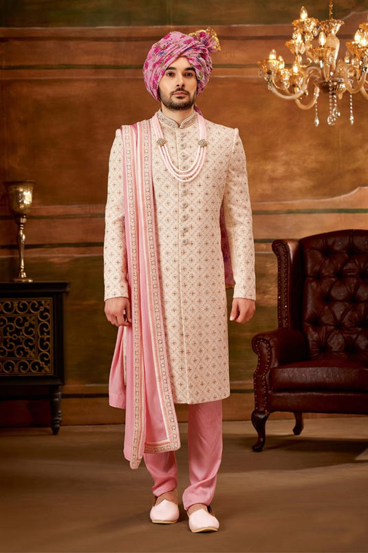 Peach Gorgeous Georgette Fabric Wedding Wear Readymade Heavy Embroidered Groom Sherwani For Men With Stole