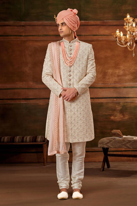 Georgette Stunning Cream Color Wedding Wear Readymade Men Heavy Embroidered Groom Sherwani With Stole