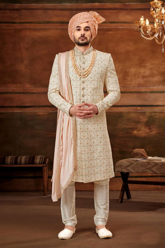 Georgette Cream Wedding Wear Readymade Lovely Heavy Embroidered Groom Sherwani For Men With Stole