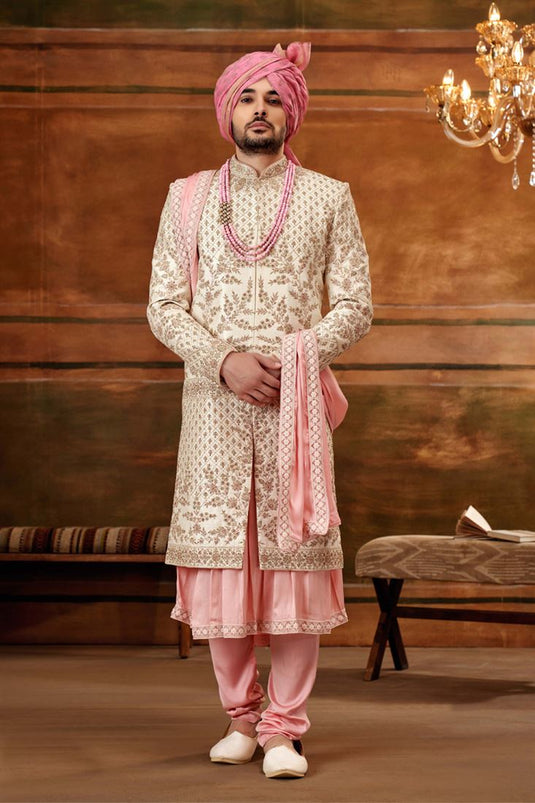 Pretty Silk Fabric Wedding Wear Readymade Men Heavy Embroidered Groom Sherwani In Cream Color With Stole