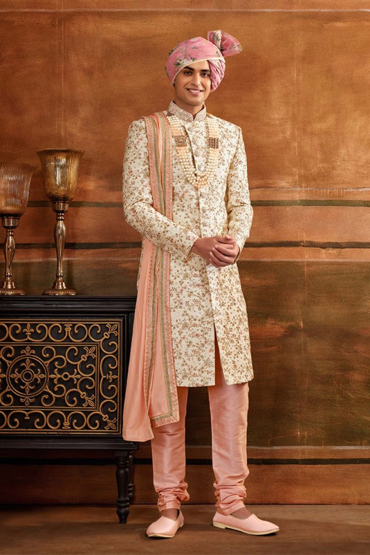 Silk Wedding Wear Attractive Readymade Men Heavy Embroidered Groom Sherwani In Cream Color With Stole