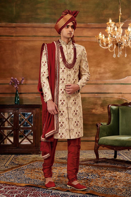Beige Wedding Wear Readymade Glamorous Heavy Embroidered Groom Sherwani For Men In Silk Fabric With Stole