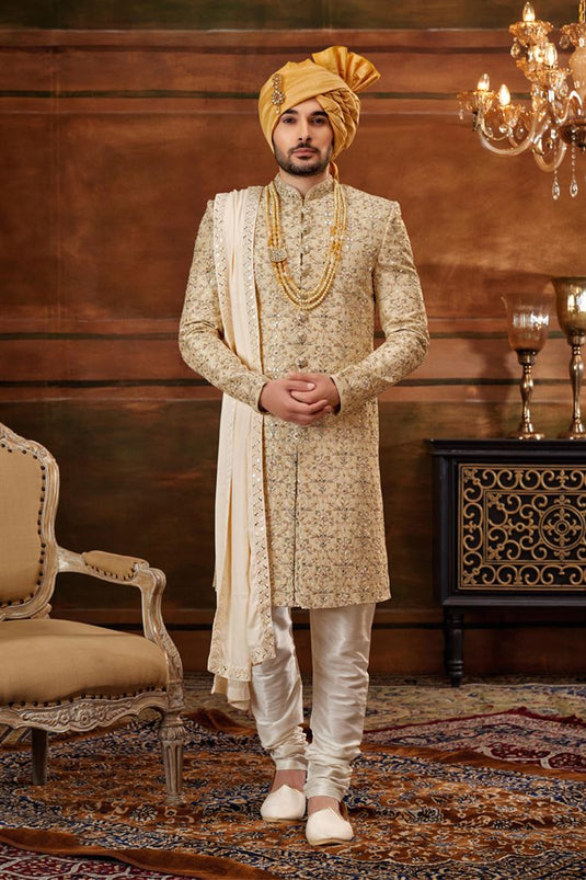 Beige Silk Fabric Graceful Readymade Men Heavy Embroidered Groom Sherwani For Wedding Wear With Stole