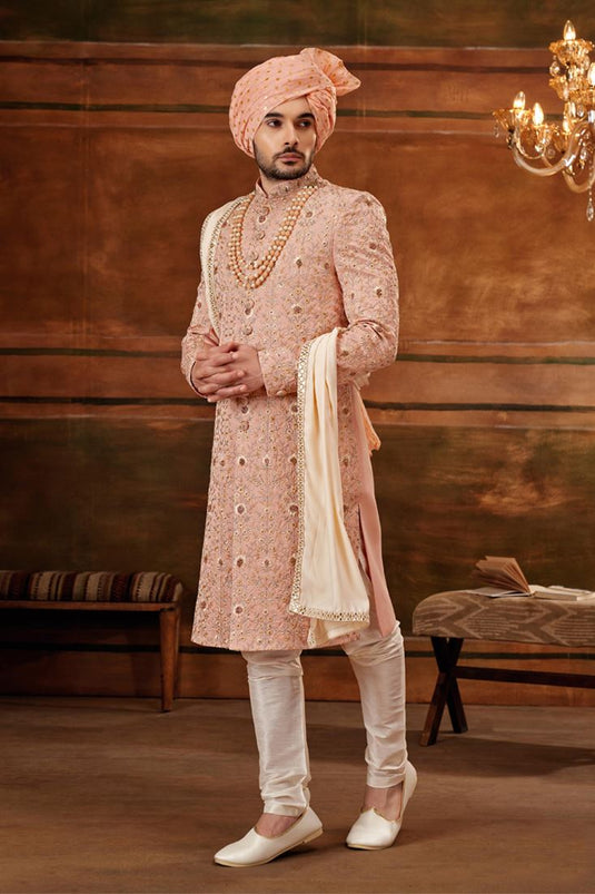 Peach Silk Fabric Magnificent Readymade Men Heavy Embroidered Groom Sherwani For Wedding Wear With Stole