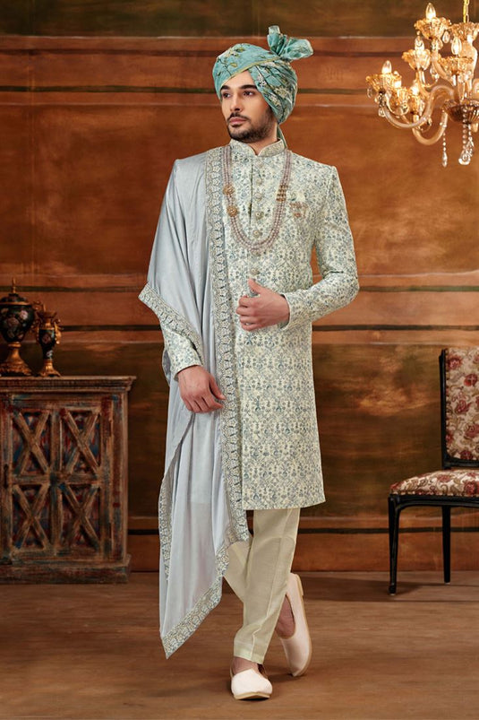 Silk Fabric Off White Color Wedding Wear Designer Readymade Heavy Embroidered Groom Sherwani For Men With Stole