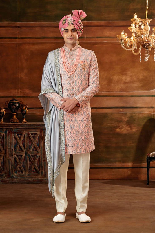 Peach Color Wedding Wear Silk Fabric Designer Readymade Heavy Embroidered Groom Sherwani For Men With Stole