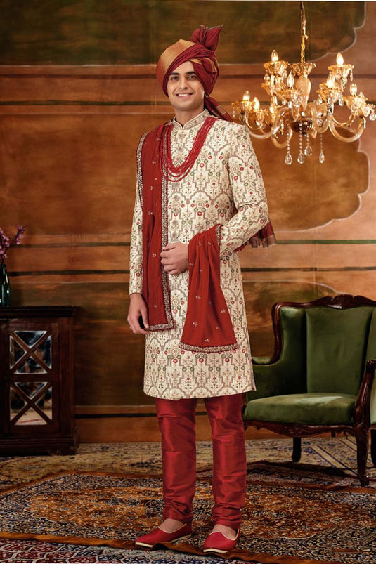 Wedding Wear Silk Fabric Designer Readymade Heavy Embroidered Groom Sherwani For Men In Cream Color With Stole