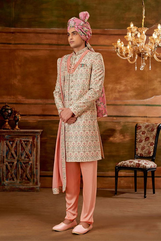 Silk Peach Color Wedding Wear Readymade Designer Men Heavy Embroidered Groom Sherwani With Stole