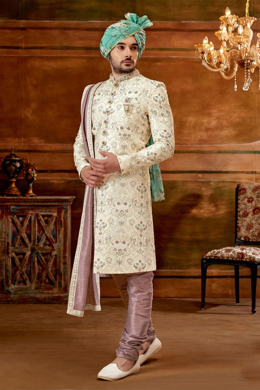 Magnificent Readymade Men Heavy Embroidered Groom Sherwani For Wedding Wear With Stole