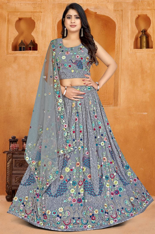 Engaging Grey Color Georgette Fabric Readymade Lehenga