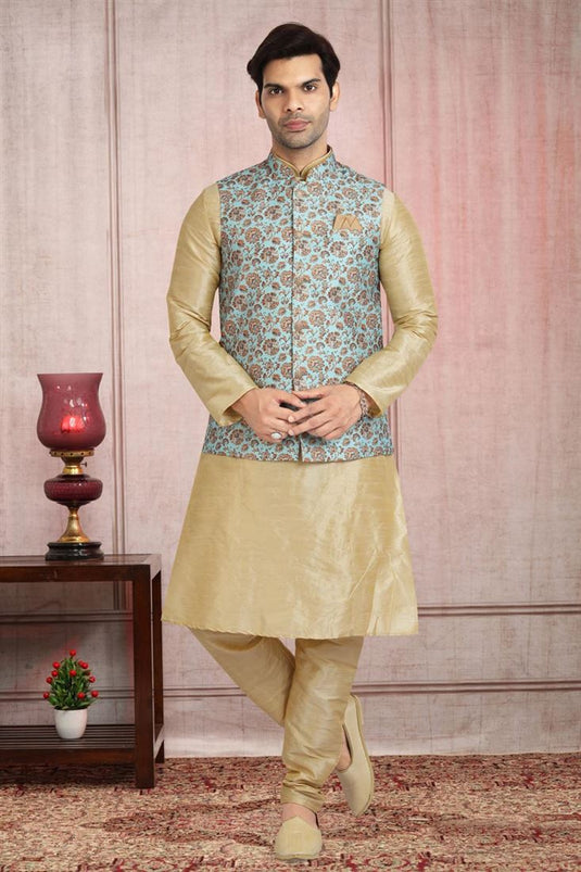 Dazzling Cream Color Kurta Pyjama With Sea Green Jacket In Banarasi Silk Fabric