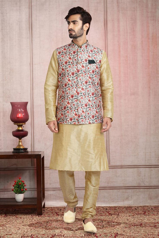 Entrancing Banarasi Silk Fabric Cream Color Kurta Pyjama With White Jacket