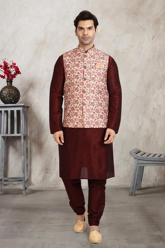 Radiant Maroon Color Banarasi Silk Fabric Kurta Pyjama With Cream Jacket