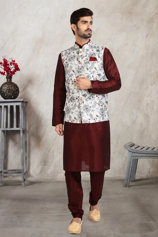 Excellent Banarasi Silk Fabric Maroon Color Kurta Pyjama With Off White Jacket