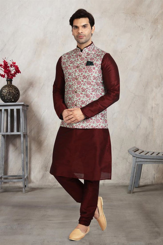 Maroon Color Banarasi Silk Fabric Beatific Kurta Pyjama With Sea Green Jacket