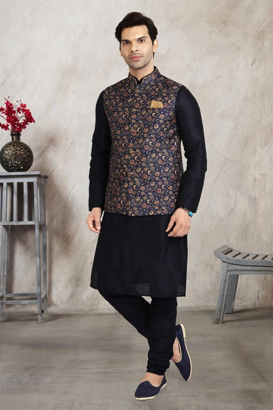 Incredible Banarasi Silk Fabric Black Color Kurta Pyjama With Blue Jacket
