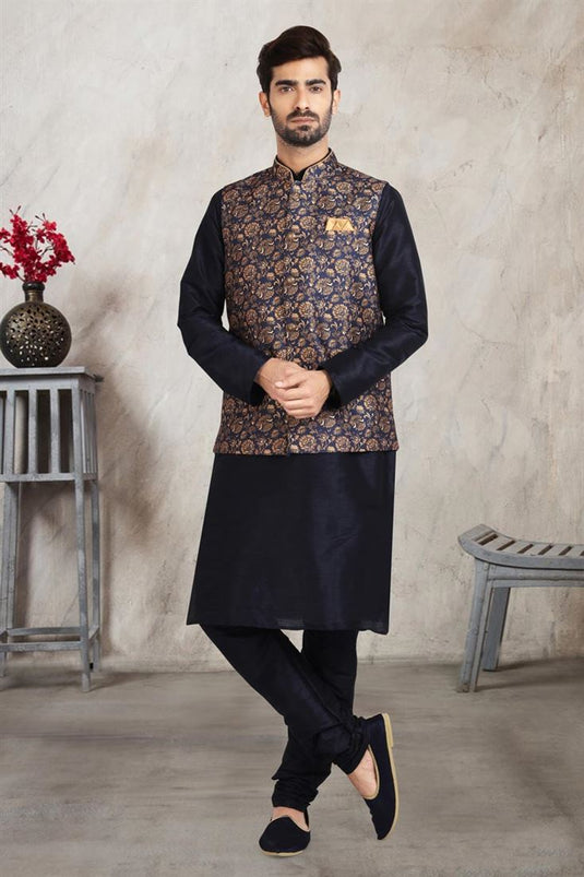 Classic Black Color Kurta Pyjama With Navy Blue Jacket In Banarasi Silk Fabric