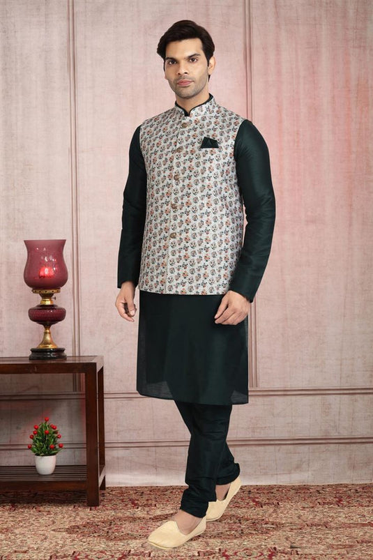 Winsome Banarasi Silk Fabric Dark Green Color Kurta Pyjama With Off White Jacket