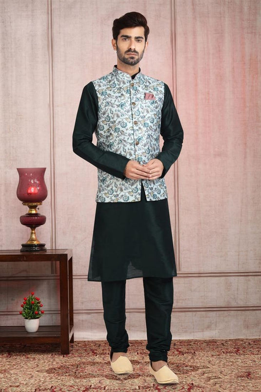 Creative Kurta Pyjama With Light Cyan Jacket In Dark Green Color Banarasi Silk Fabric