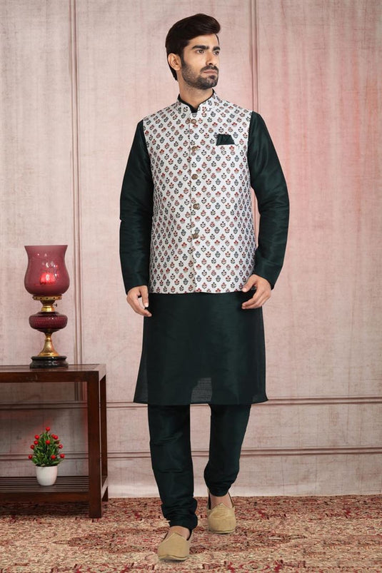 Amazing Dark Green Banarasi Silk Fabric Kurta Pyjama With Off White Jacket